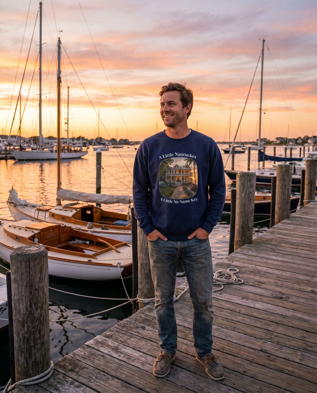 Nantucket No Name Key Sweatshirt — man on wooden pier at sunset