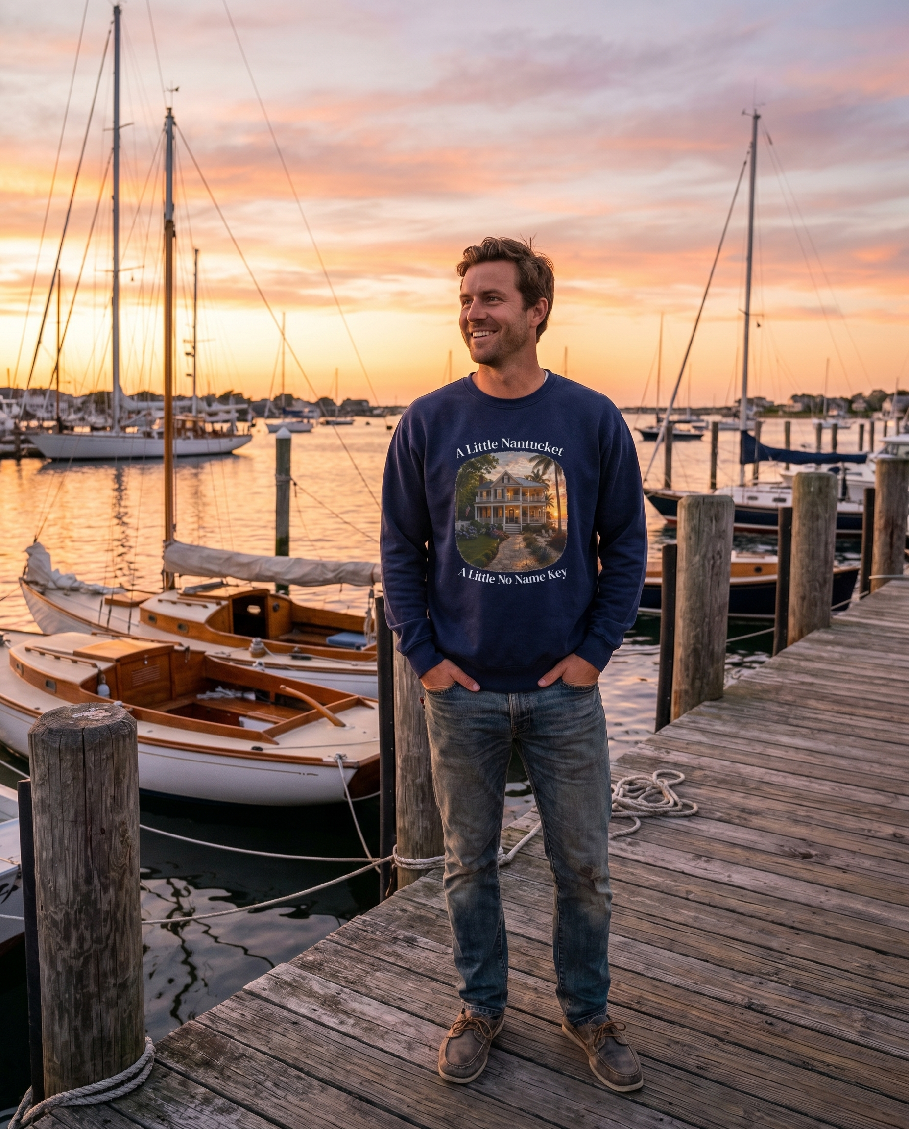 Nantucket No Name Key Sweatshirt — man on wooden pier at sunset