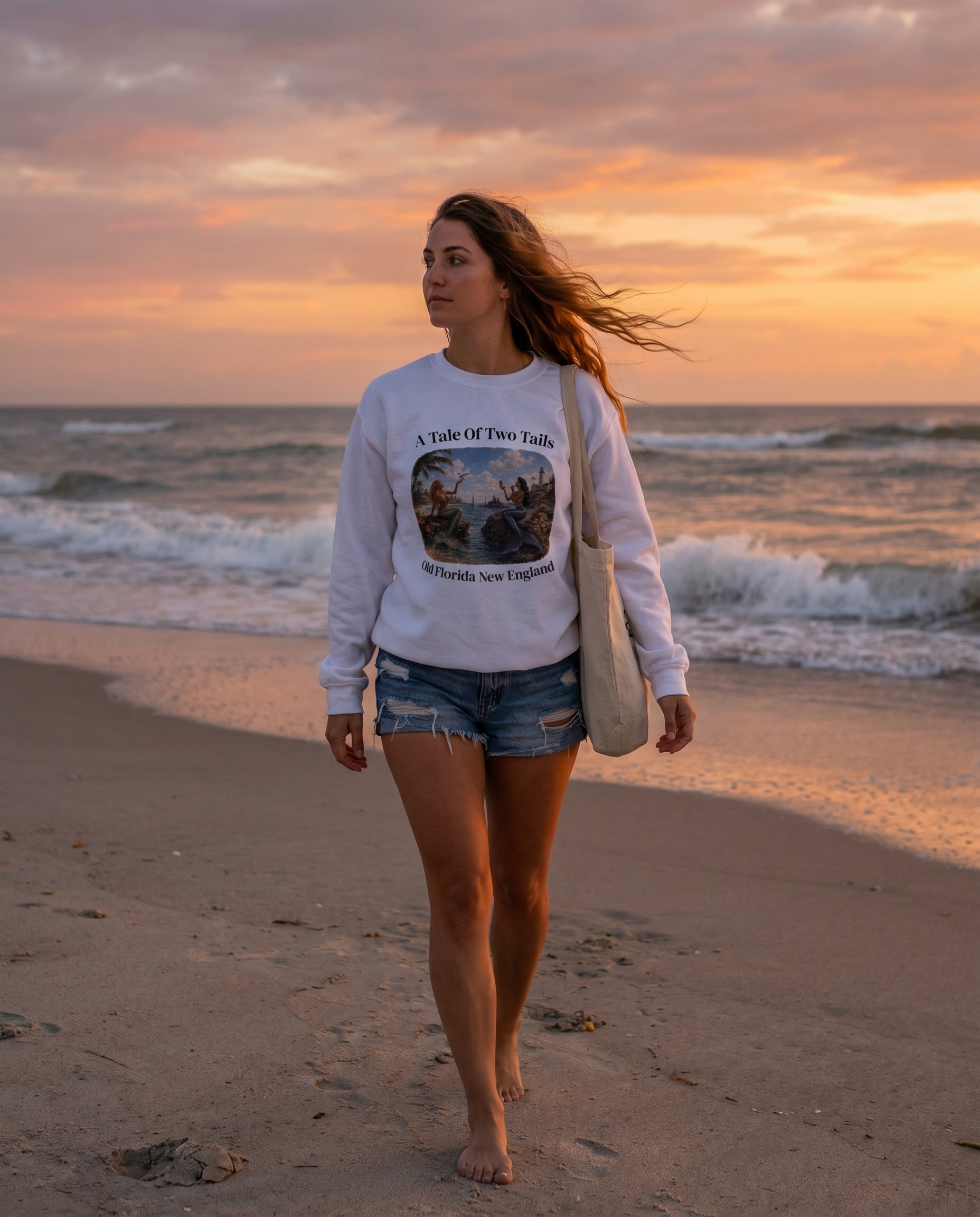 A Tale Of Two Tails Sweatshirt — woman at dusk on Florida beach