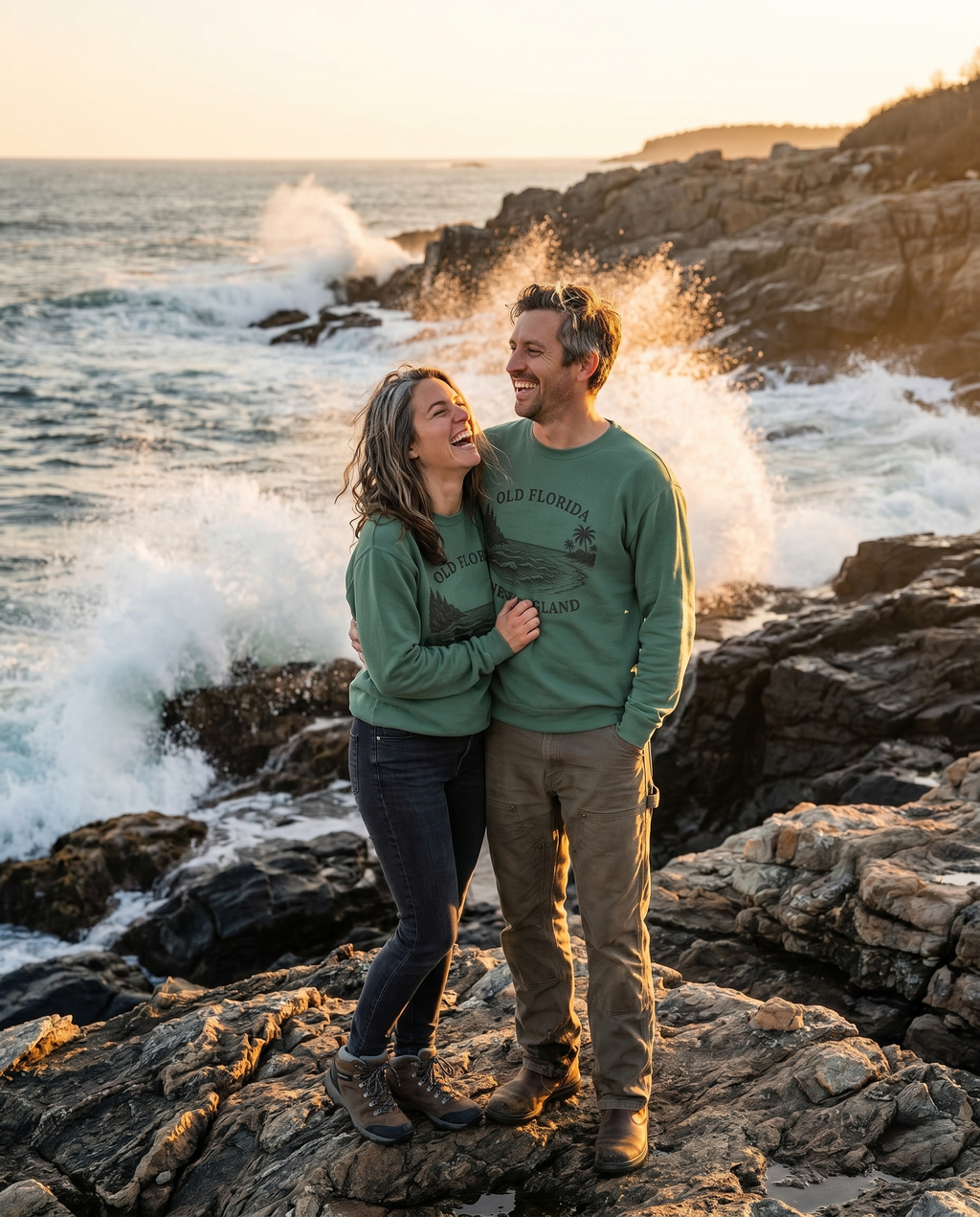 Shore To Shore Sweatshirt — couple on New England shoreline at golden hour