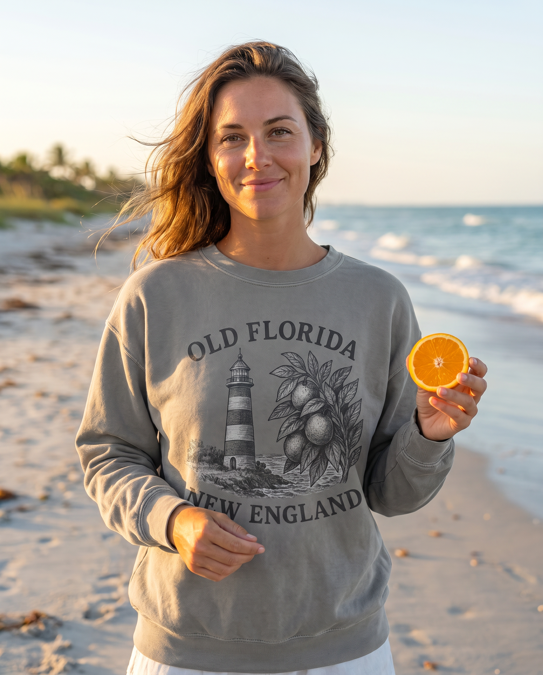 Salt and Citrus Sweatshirt — woman at sunrise on Florida beach with citrus