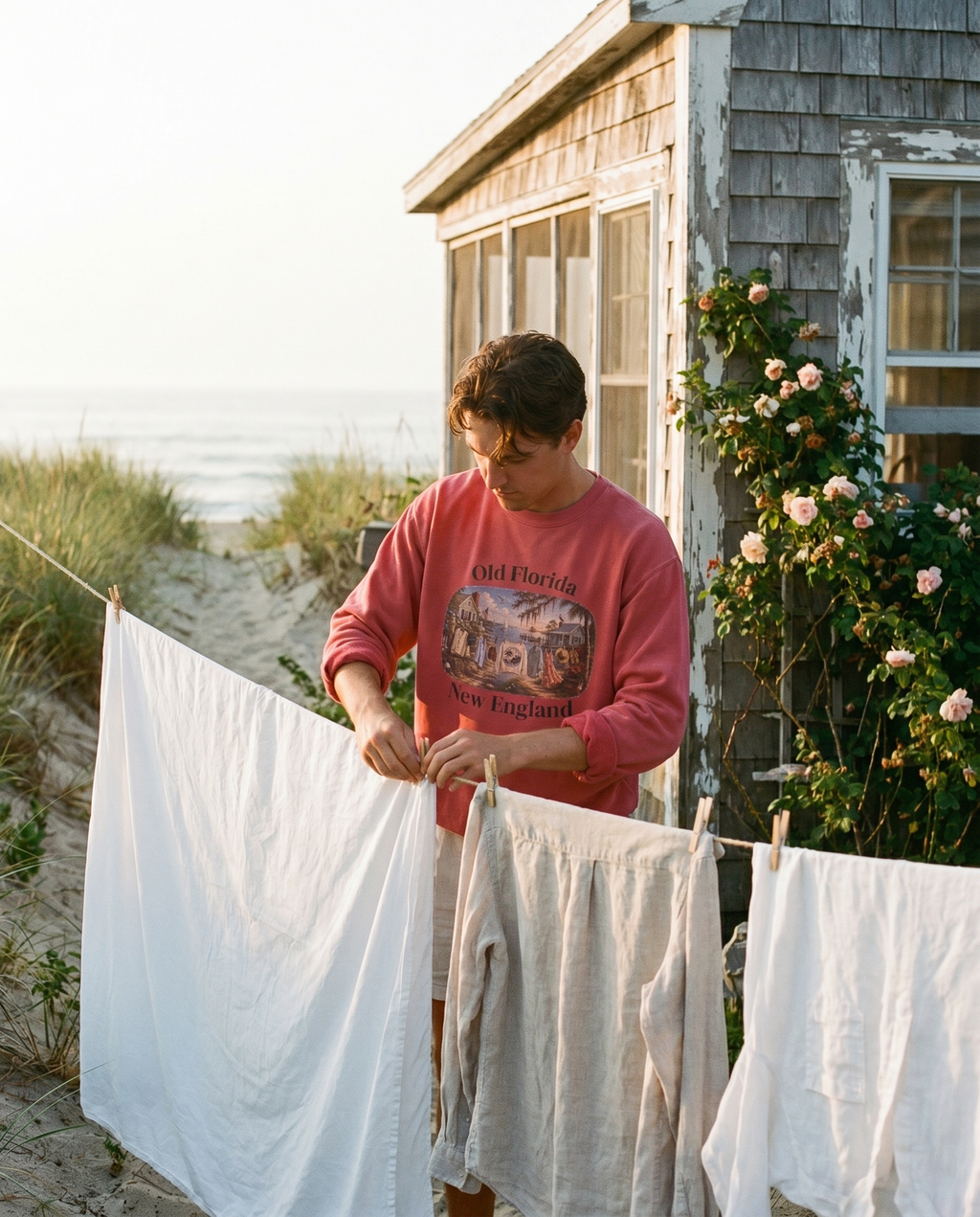 Clothes Line Sweatshirt — person at beach cottage clothesline at morning