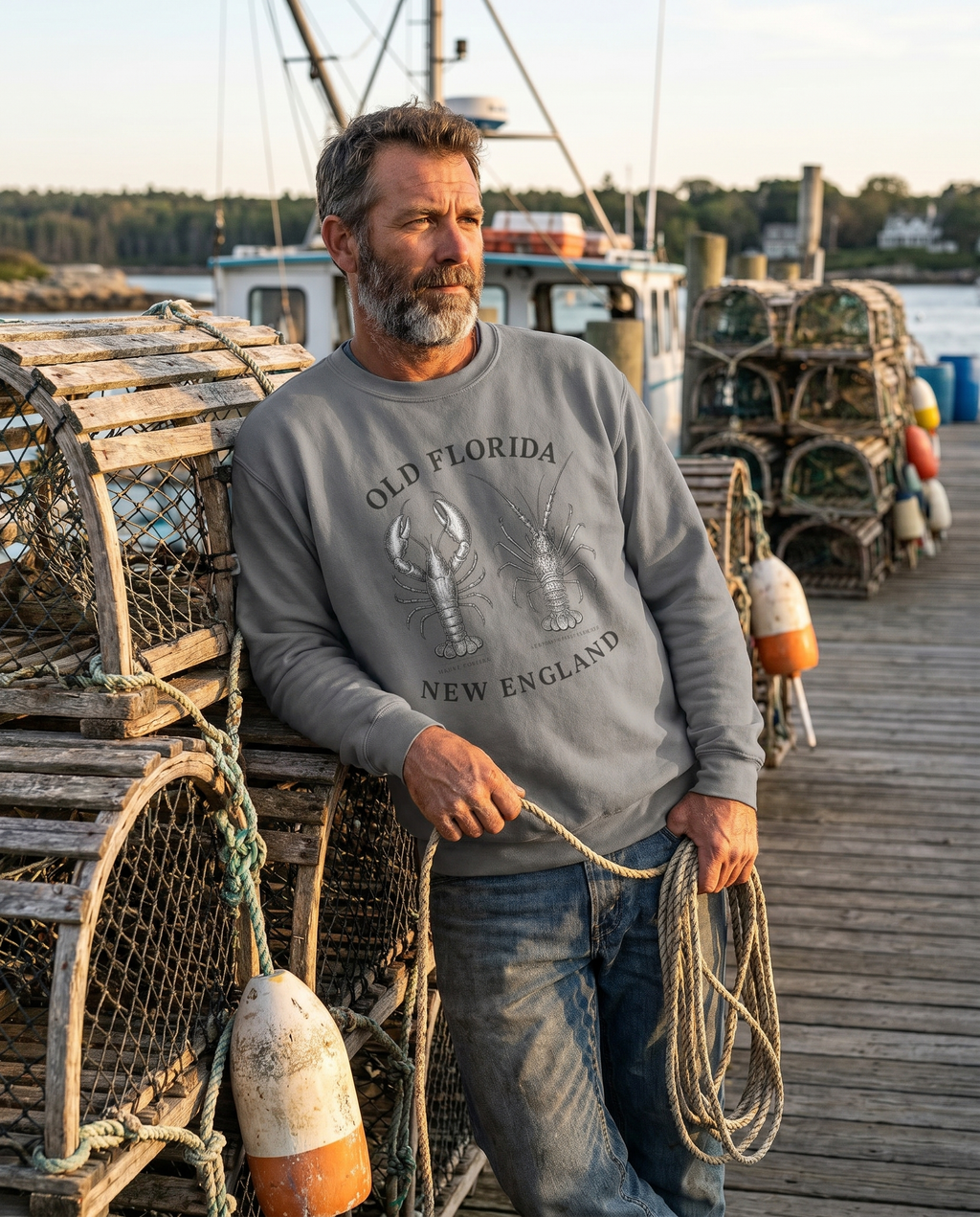 Lobster Sweatshirt — man on New England lobster dock at golden hour