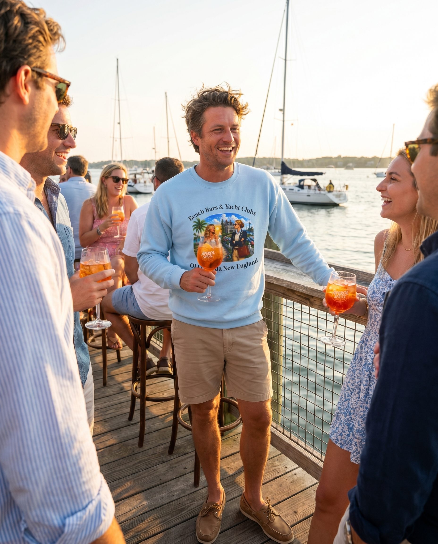 Beach Bars and Yacht Clubs Sweatshirt — man at waterfront bar at golden hour