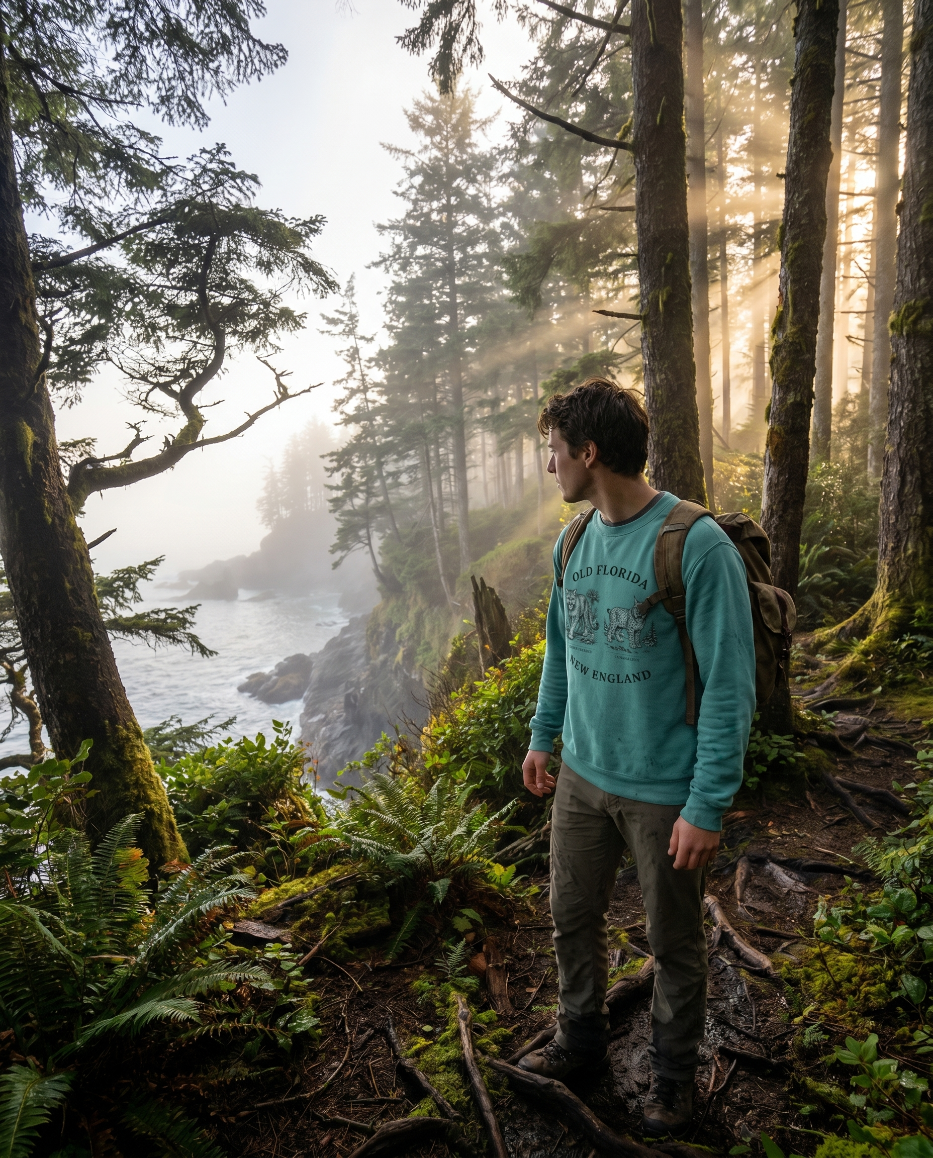 Panther X Lynx Sweatshirt — person on misty coastal forest trail