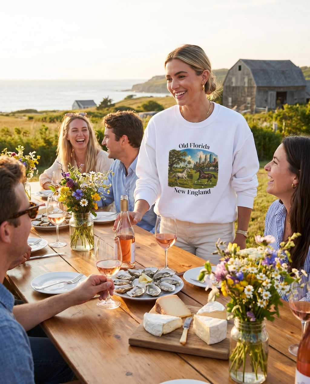Hay to Rose Sweatshirt — woman at coastal farm-to-table gathering