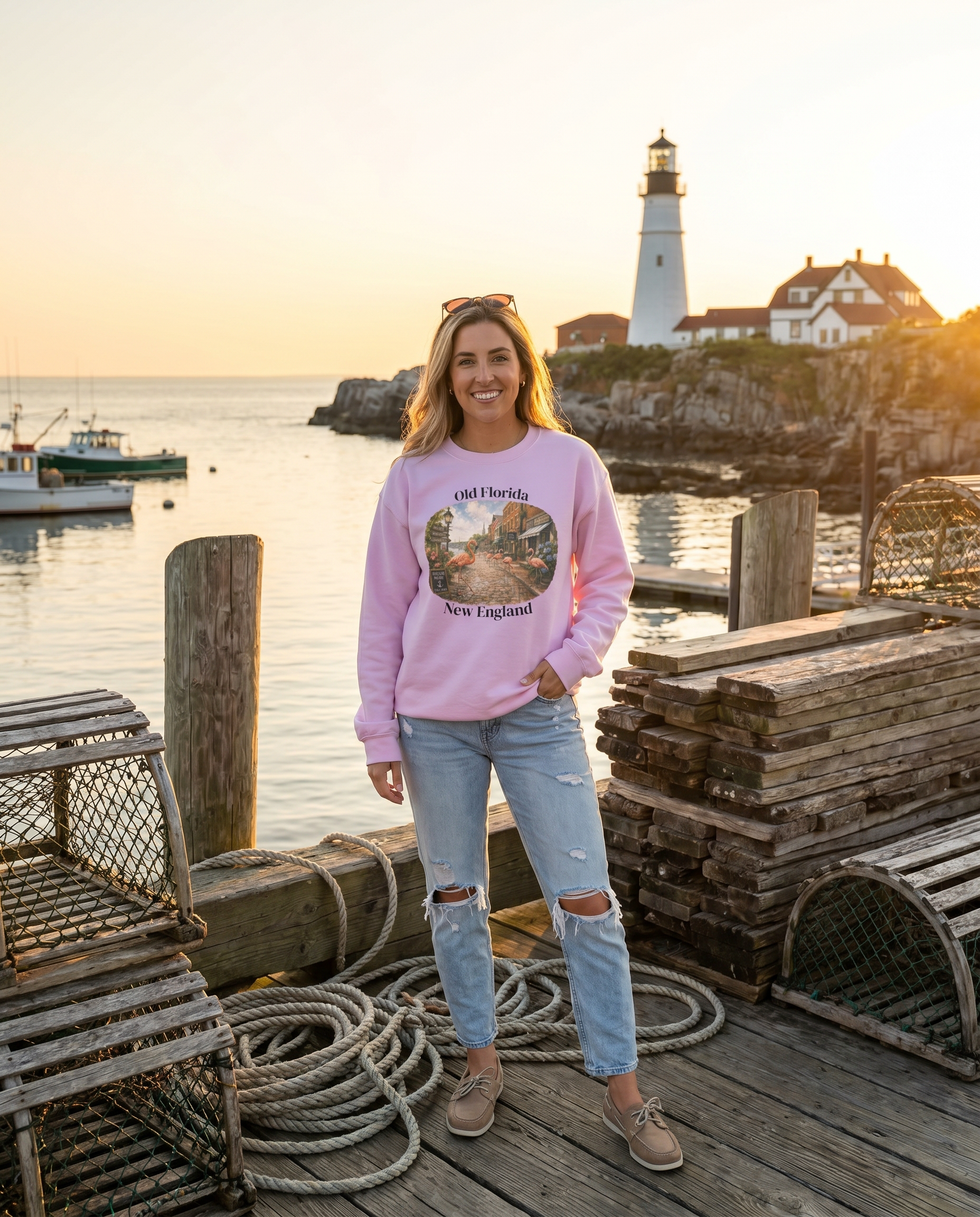 Pink in Portland Sweatshirt — woman on Portland Maine pier at golden hour