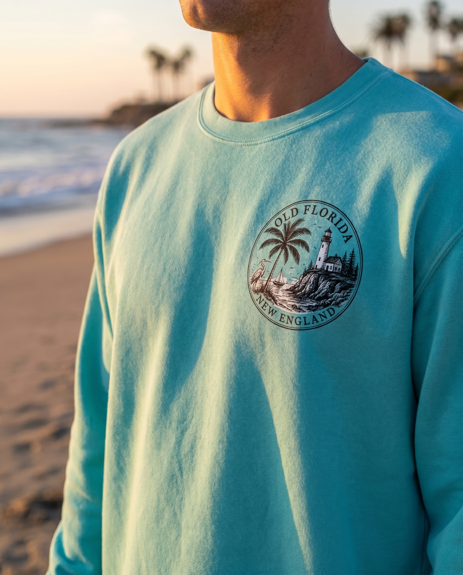 Classic Old Florida New England Sweatshirt — close-up chest print, golden hour coastal light