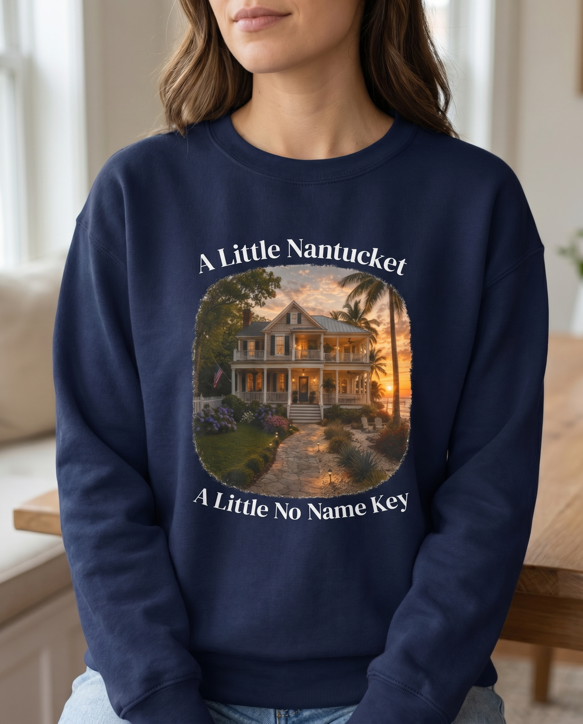 Nantucket No Name Key Sweatshirt — chin-down close-up female, design visible