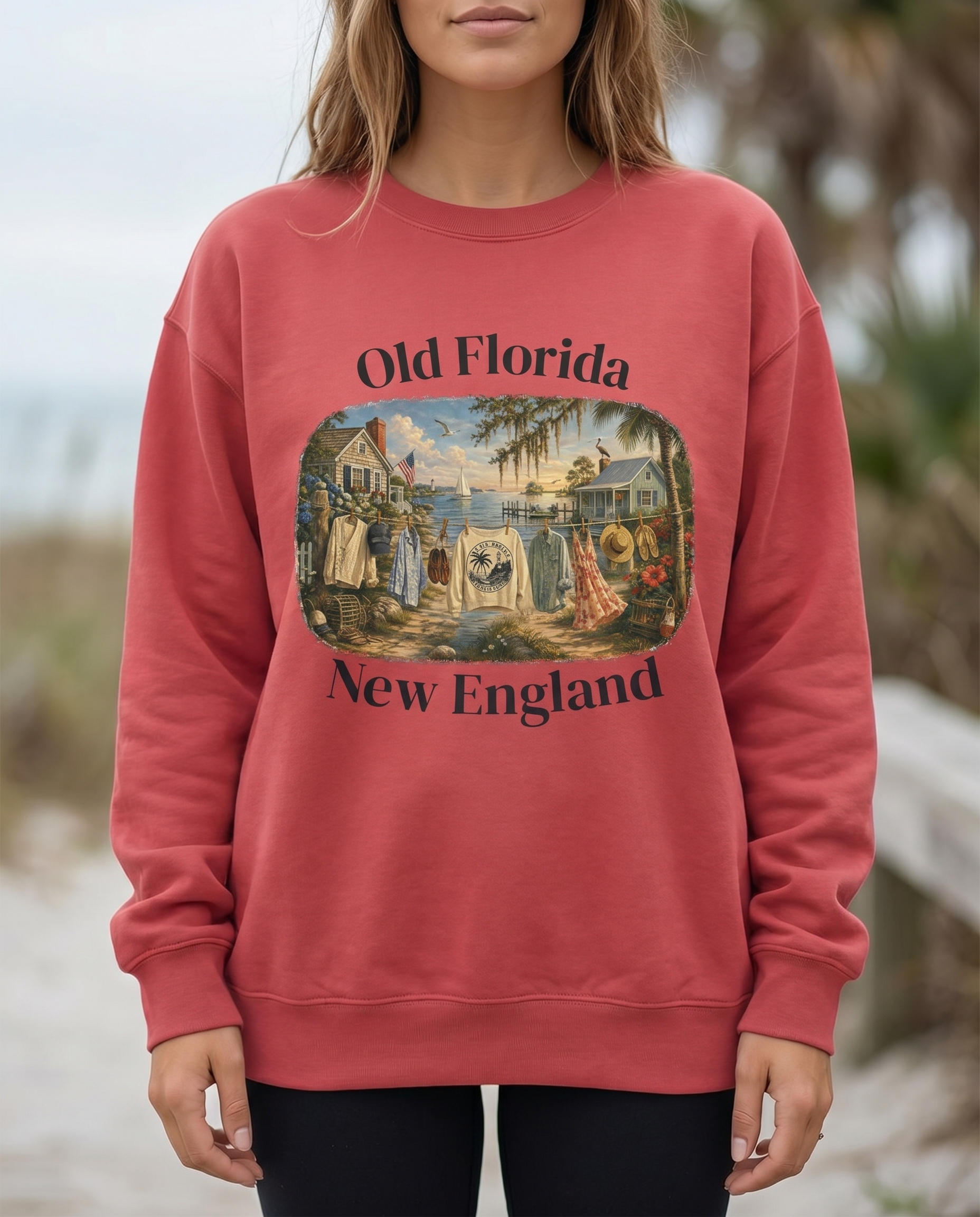Clothes Line Sweatshirt — chin-down close-up female, design visible