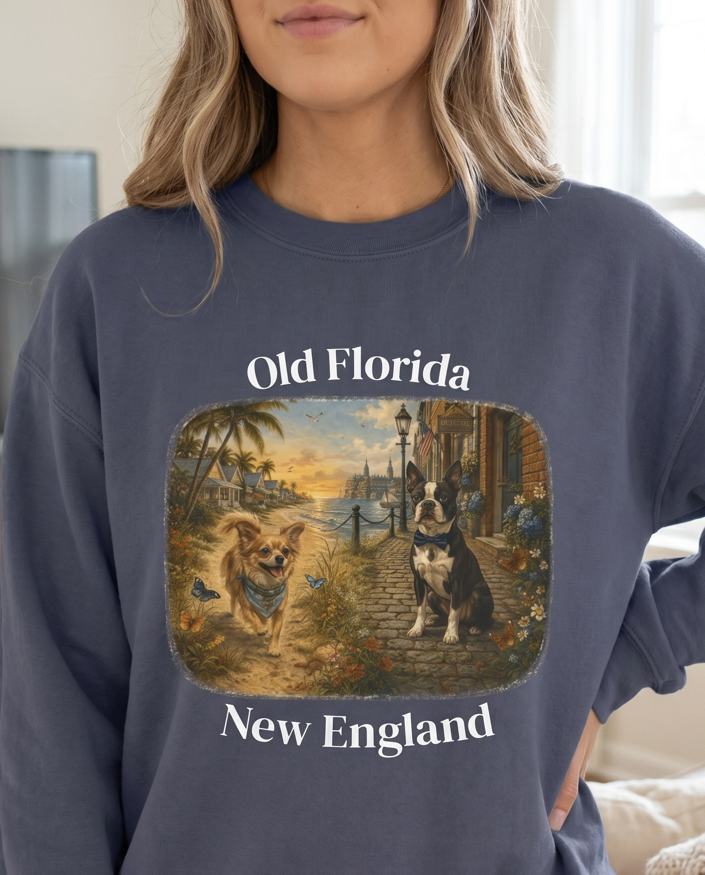 Wild and Wicked Pups Sweatshirt — chin-down close-up female, design visible