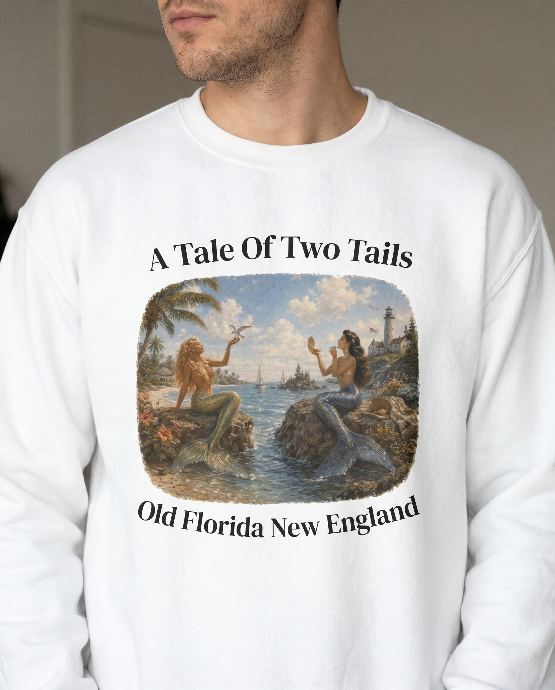 A Tale Of Two Tails Sweatshirt — chin-down close-up male, design visible