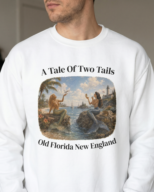 A Tale Of Two Tails Sweatshirt — chin-down close-up male, design visible