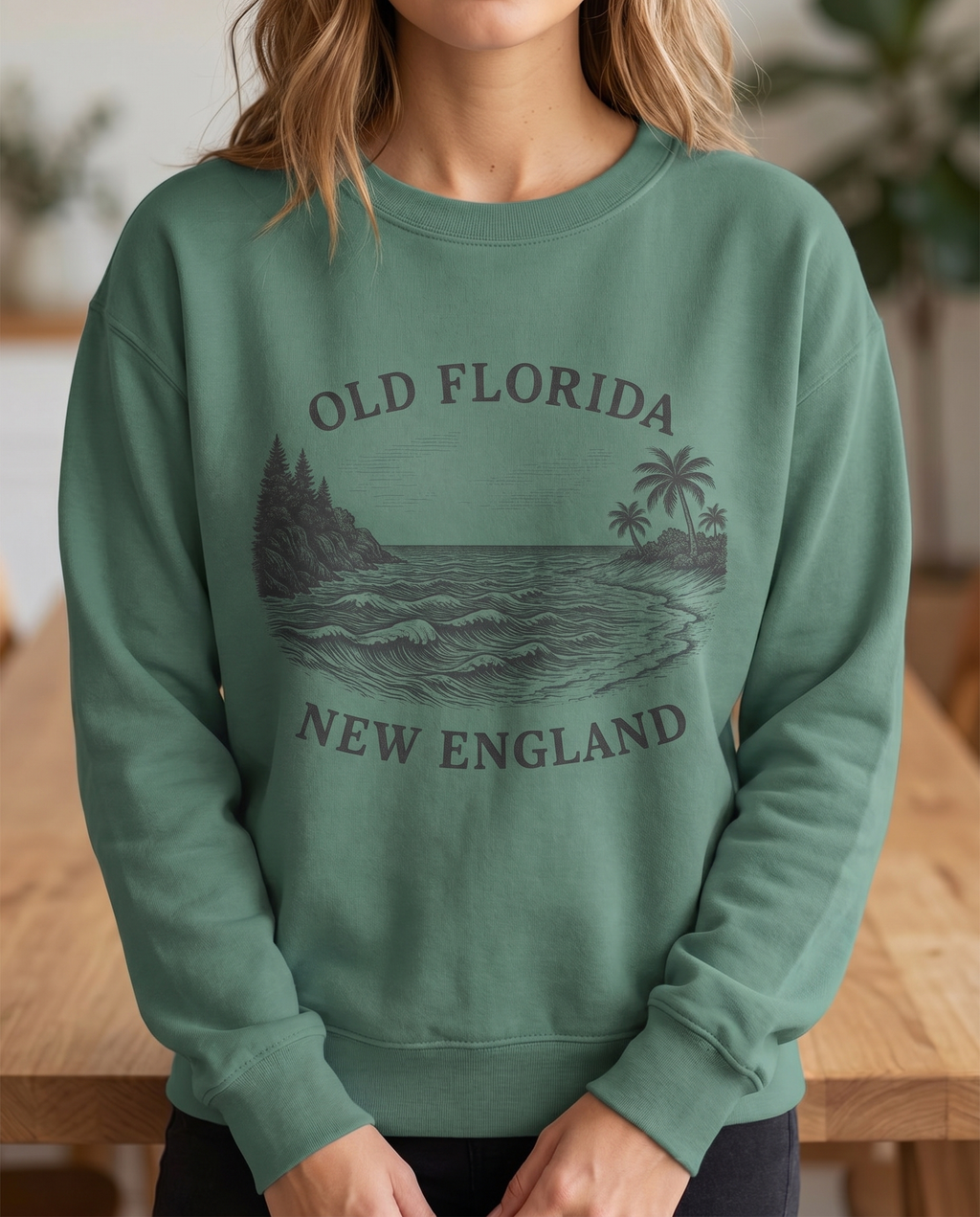 Shore To Shore Sweatshirt — chin-down close-up female, design visible
