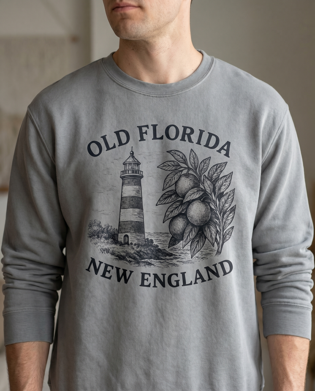 Salt and Citrus Sweatshirt — chin-down close-up male, design visible