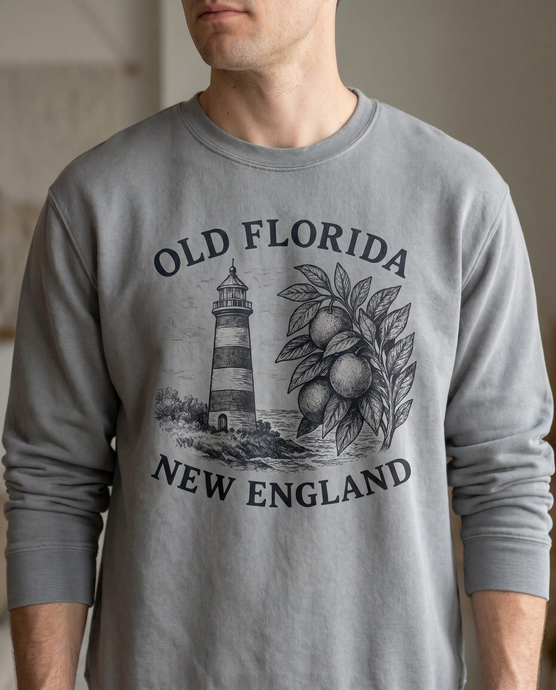 Salt and Citrus Sweatshirt — chin-down close-up male, design visible