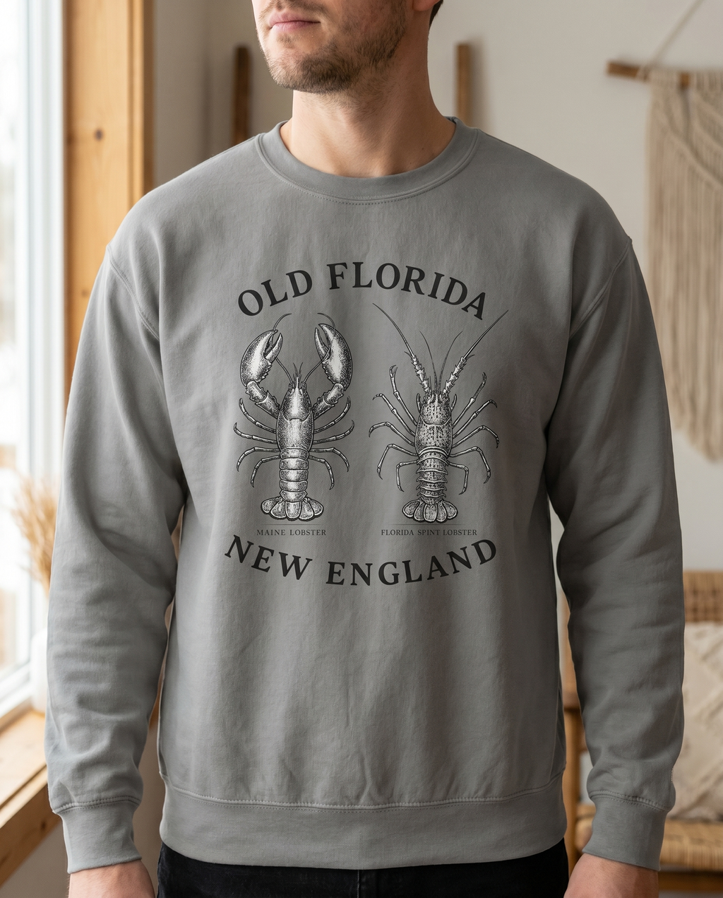 Lobster Sweatshirt — chin-down close-up male, design visible