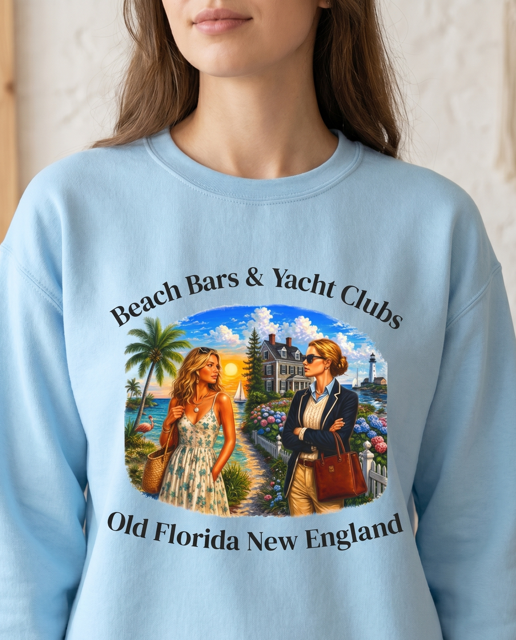 Beach Bars and Yacht Clubs Sweatshirt — chin-down close-up female, design visible