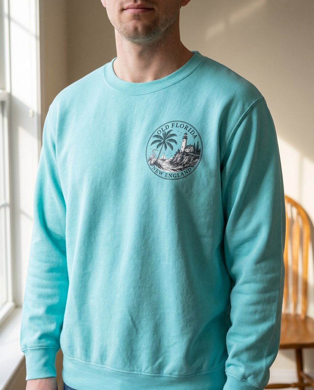 Classic Old Florida New England Sweatshirt — chin-down close-up male