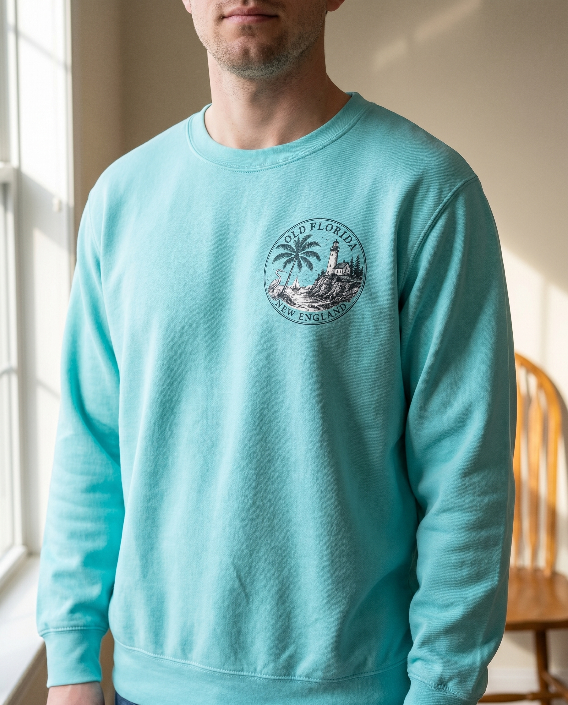 Classic Old Florida New England Sweatshirt — chin-down close-up male