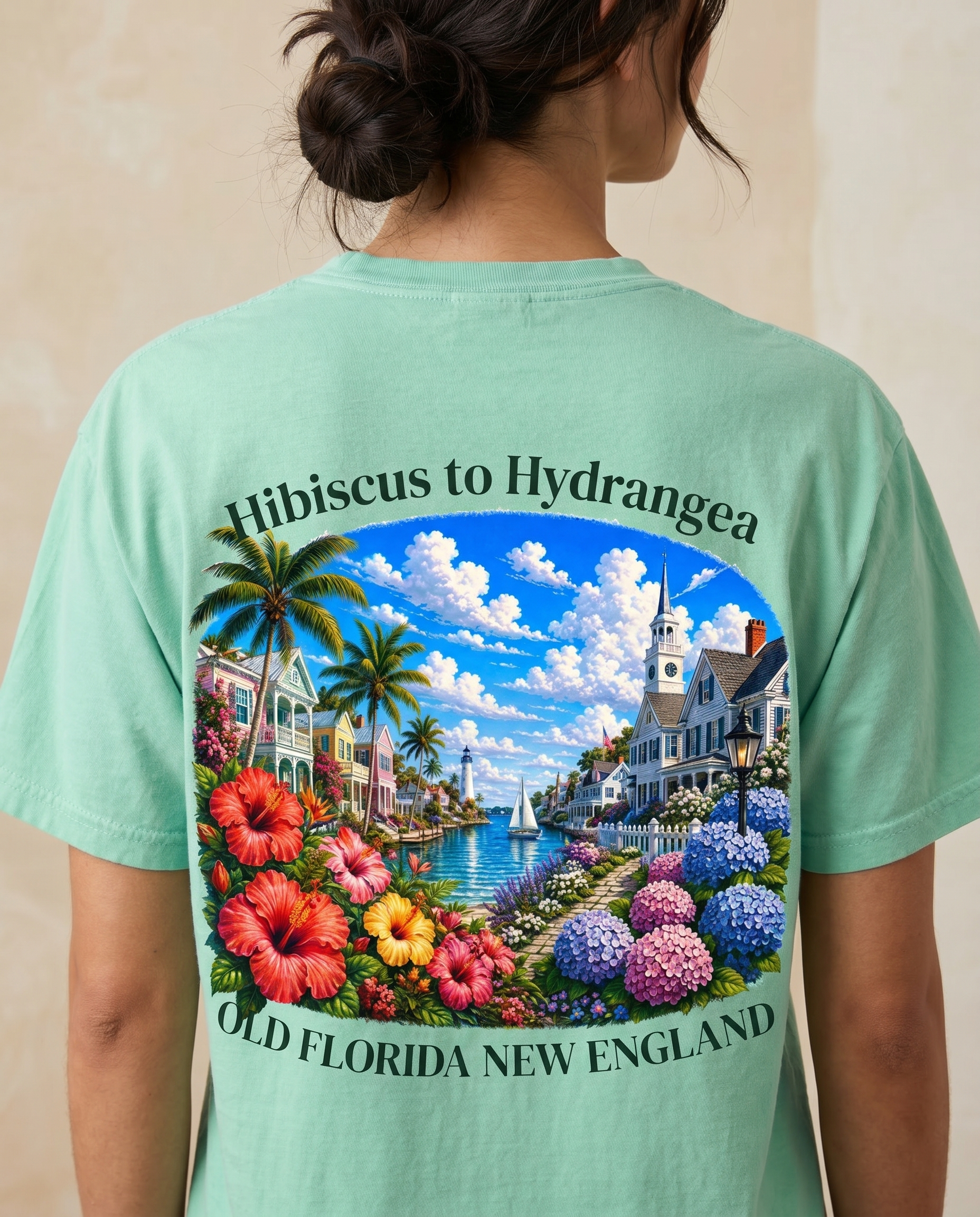 Hibiscus to Hydrangea T-Shirt — back design lifestyle shot