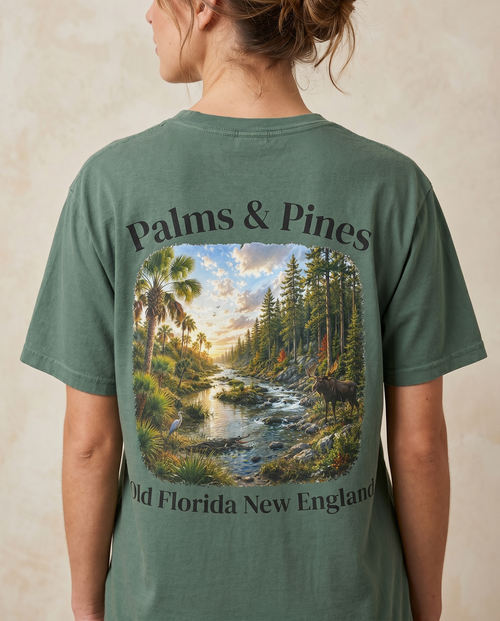 Palms and Pines T-Shirt — back design lifestyle shot