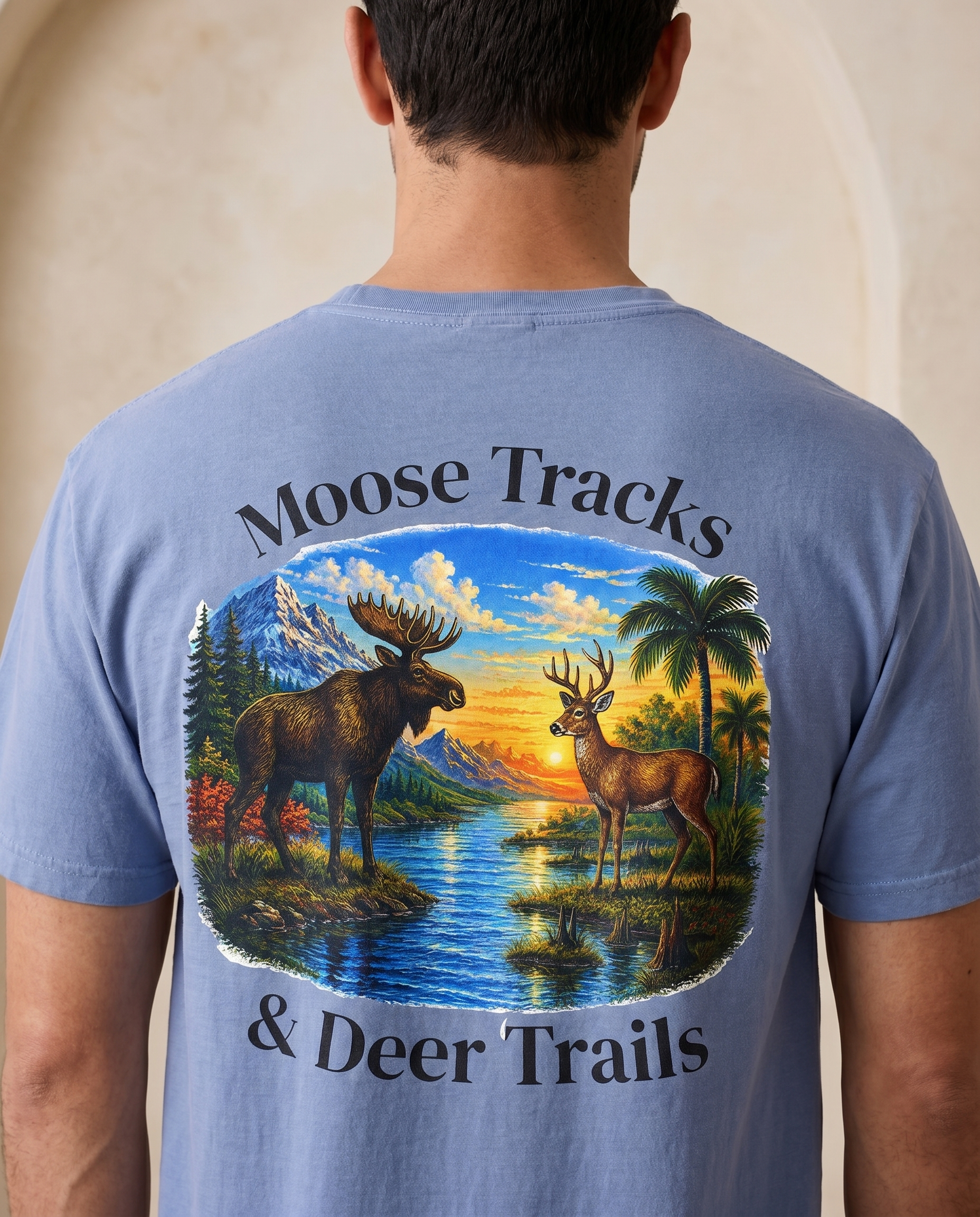 Moose Tracks and Deer Trails T-Shirt — back design lifestyle shot