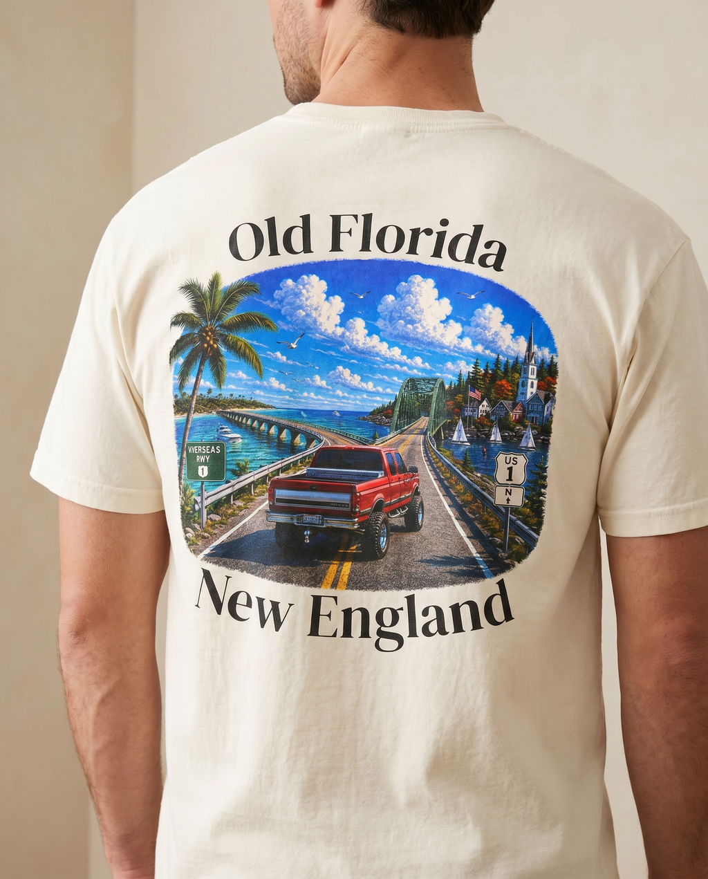 US-1 Old Florida New England T-Shirt — back design lifestyle shot
