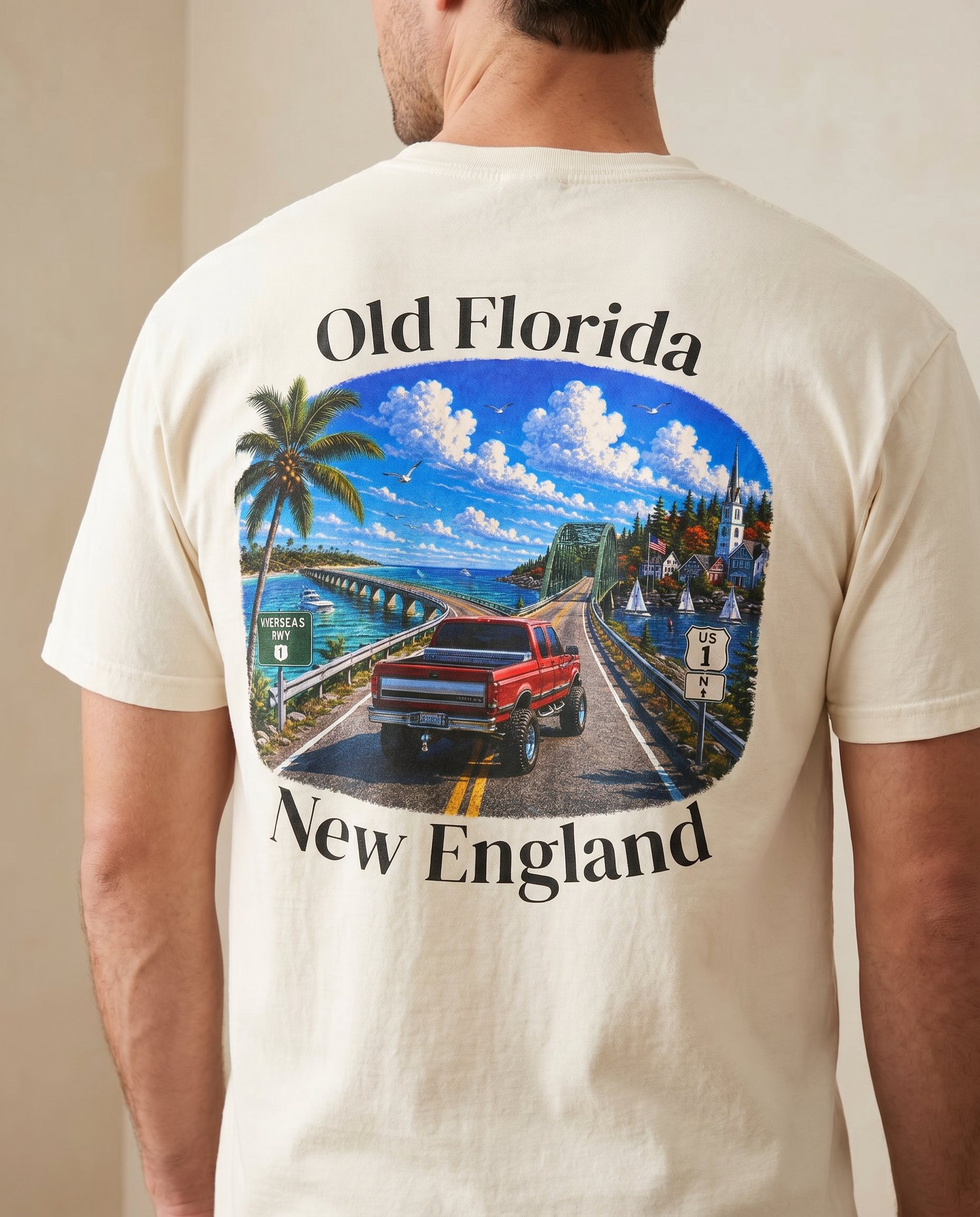US-1 Old Florida New England T-Shirt — back design lifestyle shot
