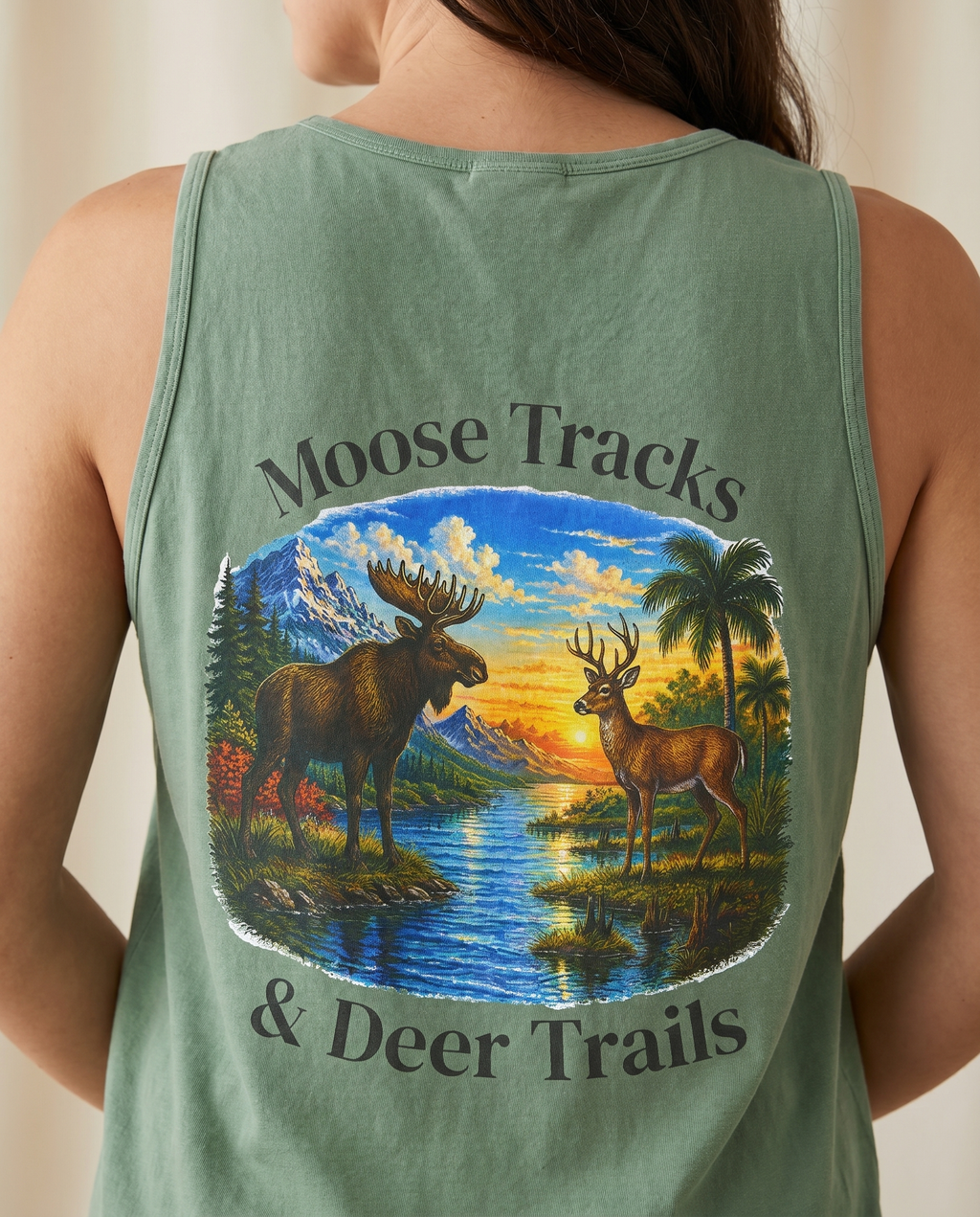 Moose Tracks and Deer Trails Tank — back design lifestyle shot