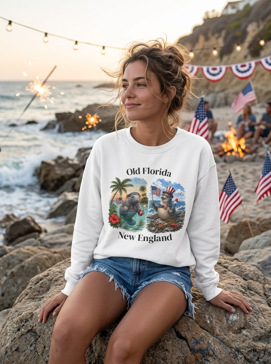 Woman wearing Different Tides Same Pride sweatshirt sitting on beach rocks in fringe denim shorts, 4th of July campaign