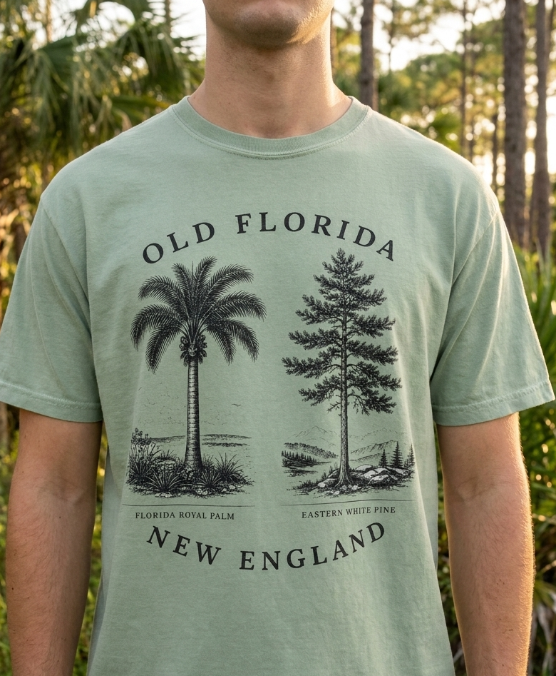 Palm & Pine T-Shirt front facing, model outdoors