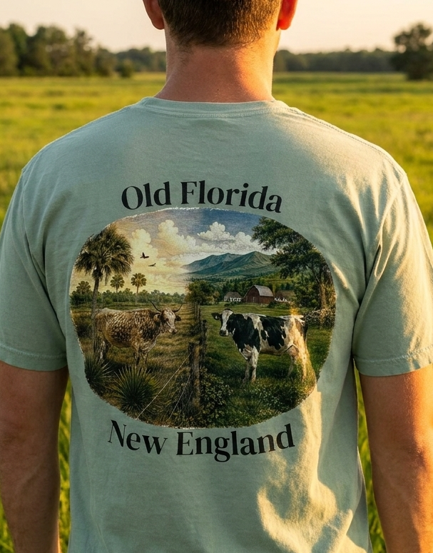 Different Pastures T-Shirt back design, model outdoors