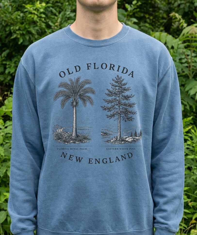 Palm & Pine Sweatshirt front design, model outdoors, clear daylight