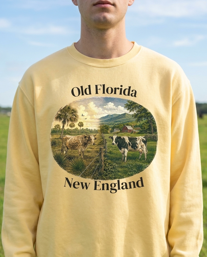 Different Pastures Sweatshirt front design, centered model, clear daylight