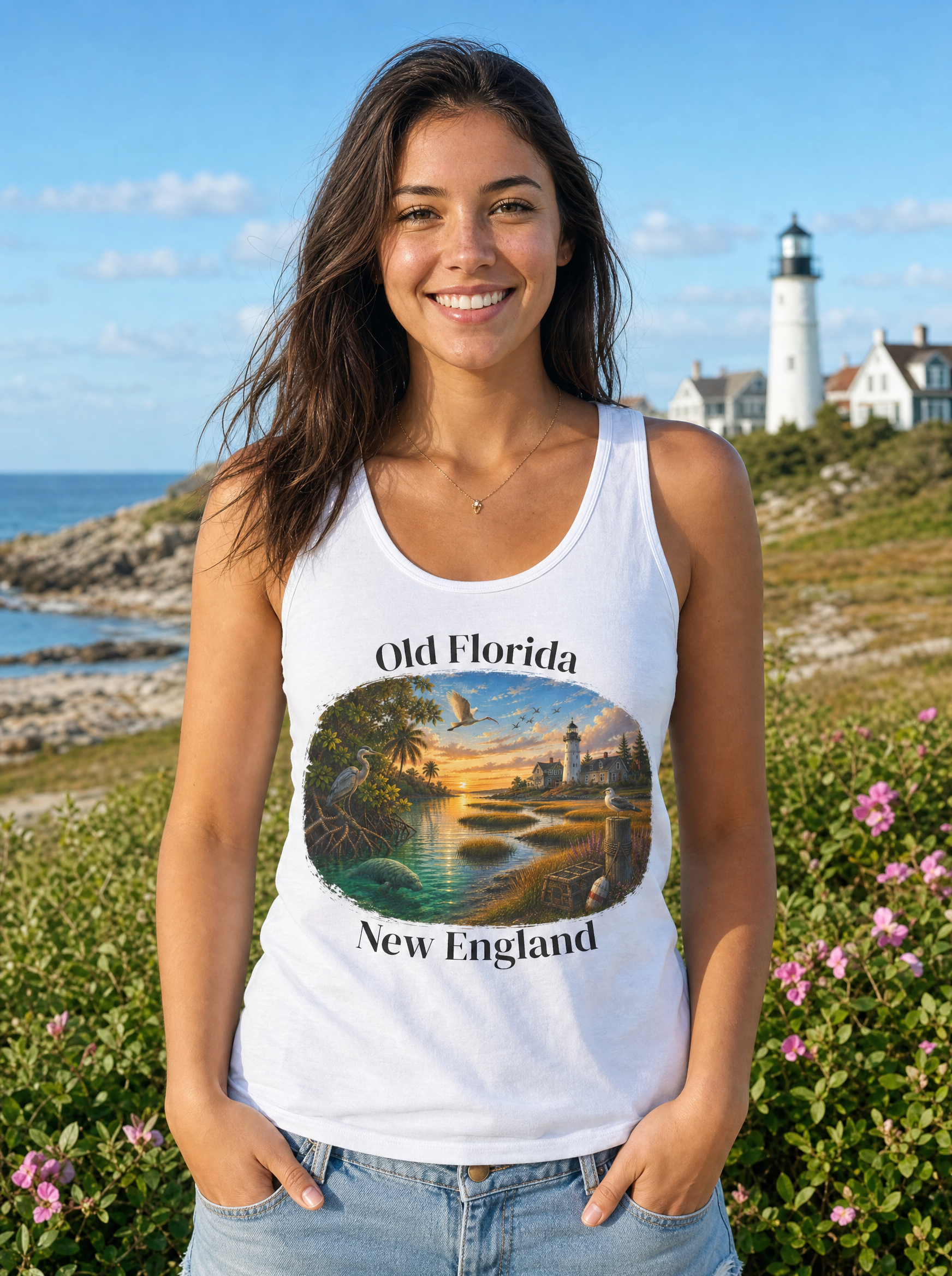 Mangrove & Marsh Tank Top front design lifestyle photo (crop)